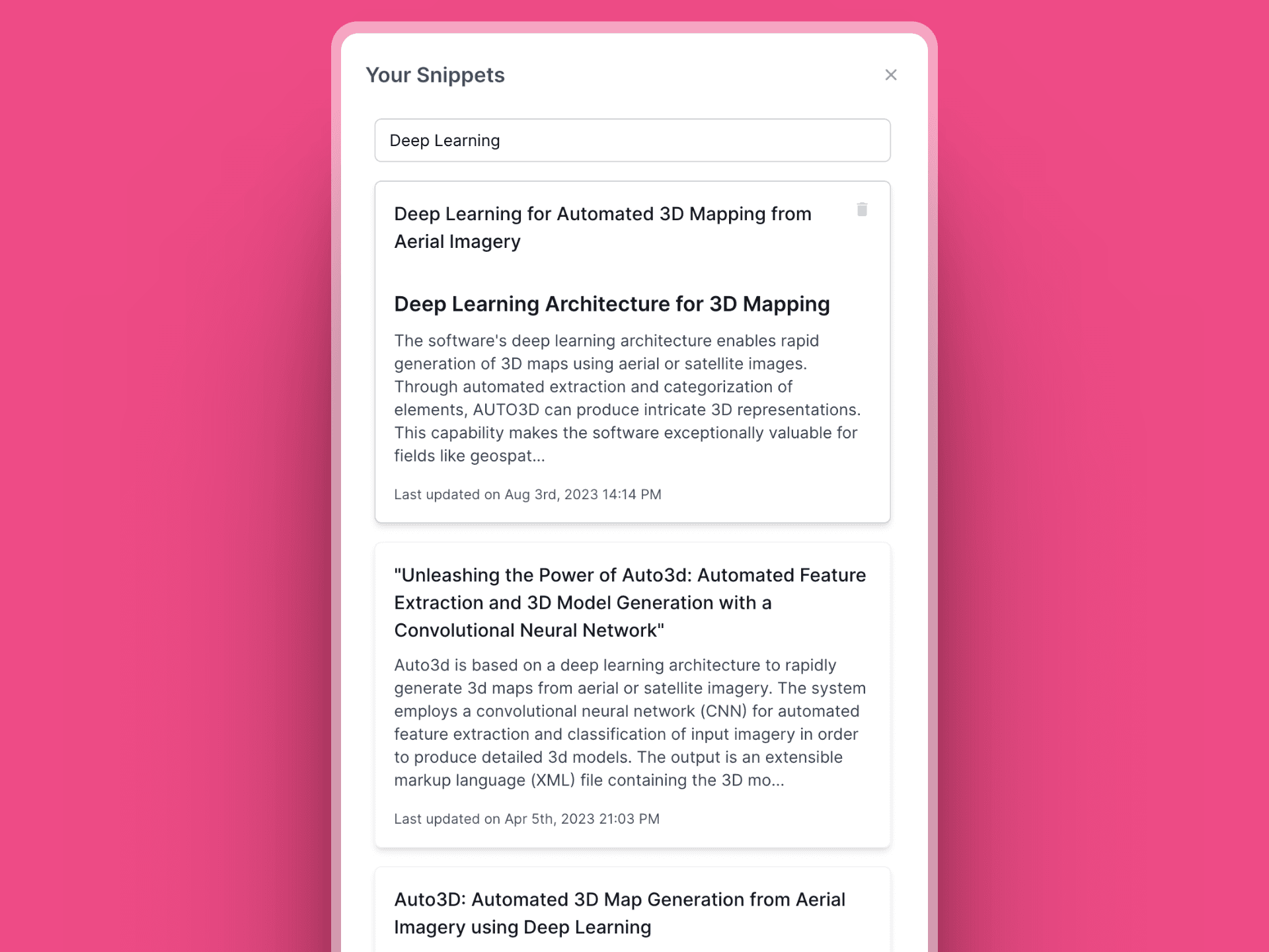 Snippets feature showing reusable content blocks
