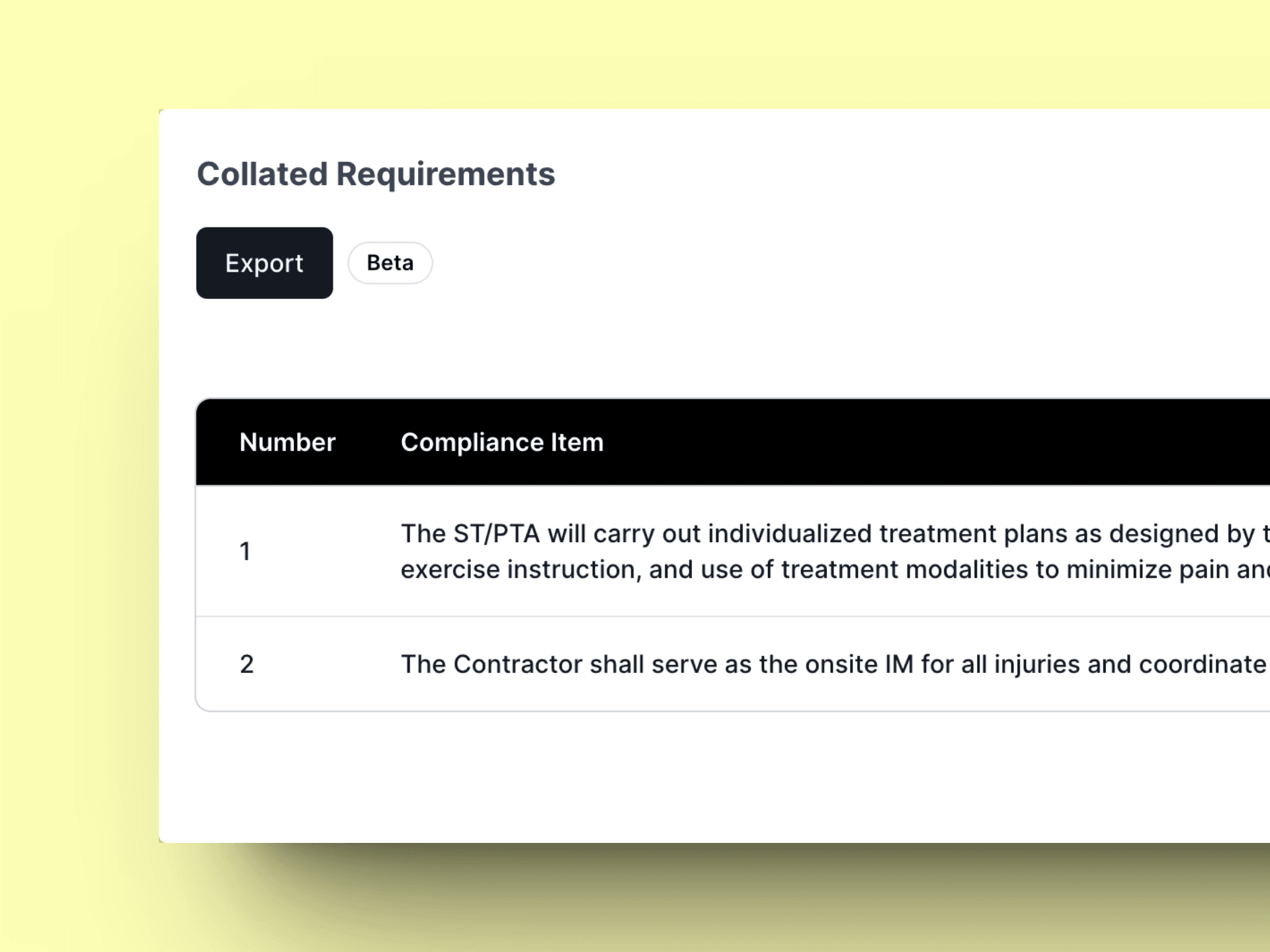 AI-powered compliance matrix generator showing extracted requirements from an RFP