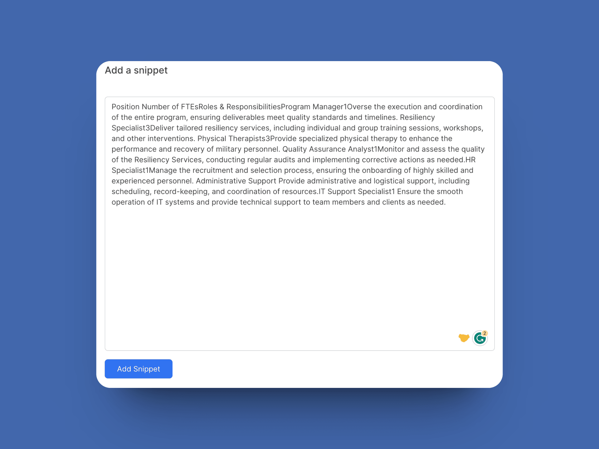 Interactive snippet library showing reusable content blocks ready for AI-powered customization